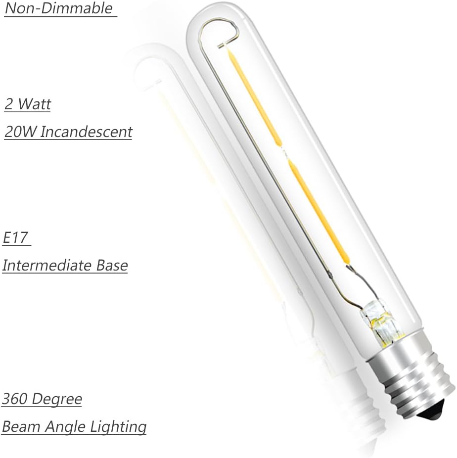 LED T6.5 Tubular Filament Bulb, 2W T6.5 LED Appliance Light Bulb E17 Intermediate Base, 20W Incandescent Equivalent