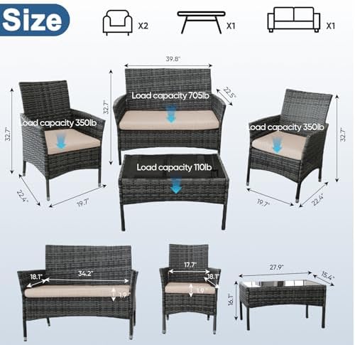 4-Piece Wicker Outdoor Patio Furniture Set | Gray for Patio, Garden & Porch