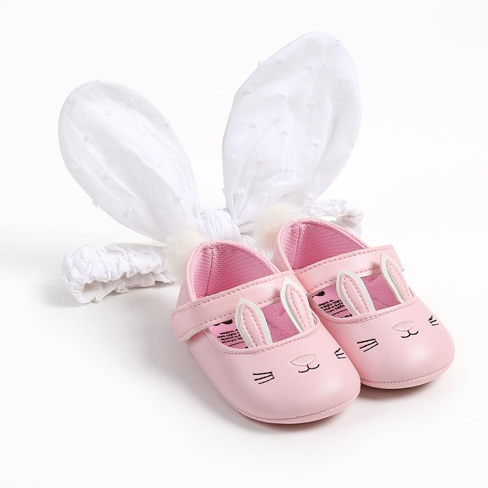 Baby Girl Shoes with Bunny Ears Headband - Infant Mary Jane Flats & Easter Princess Dress Shoes
