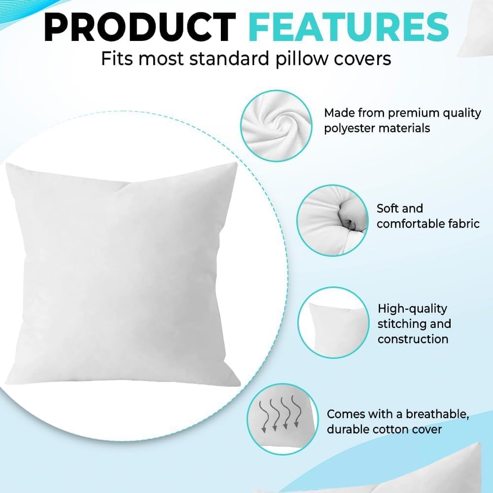 Throw Pillow Inserts (, White), 18x18 Inches - Premium Cushion Fillers for Sofa, Bed, and Home Décor (18x18 - Set of 5