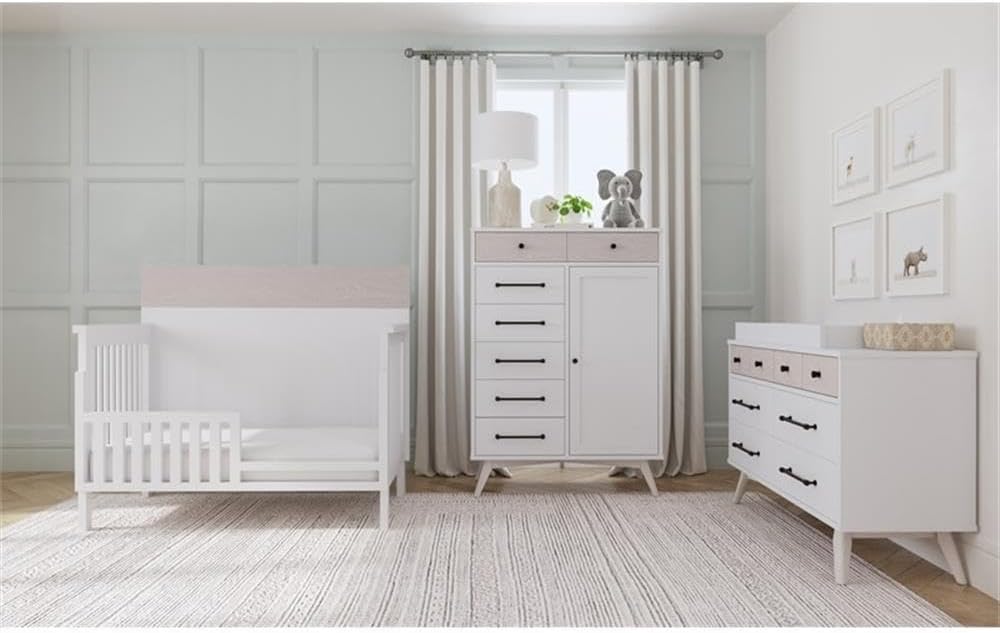 Modern Wood Convertible Crib, Ash Linen White Finish, 48" H x 56" W x 30.5" D, Three Height Adjustments, Steel Spring