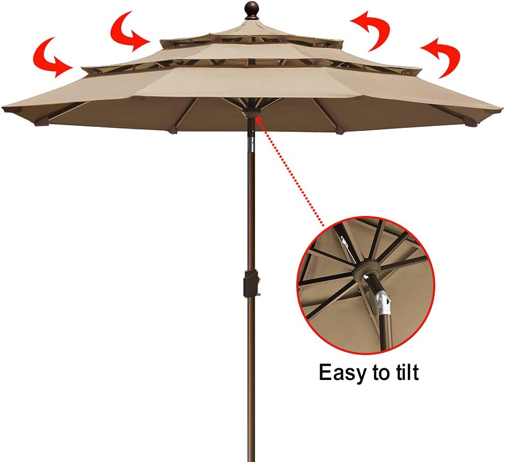USA 10-Year-Non-Fading 9ft 3-Tier Market Patio Umbrella, Commercial Grade Outdoor Table Umbrella with Crank Open - Heath