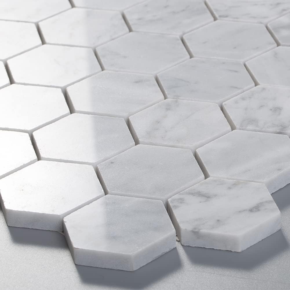 Carrara White Marble Mosaic, Polished Natural Italian Bianco Marble Tile for Shower Kitchen Wall Bathroom Floor, 2