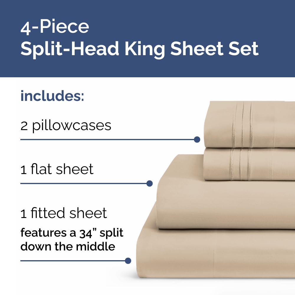 Flex Top Split Head King 4 Piece Sheet Set - Ultra-Soft, Breathable - Wheat