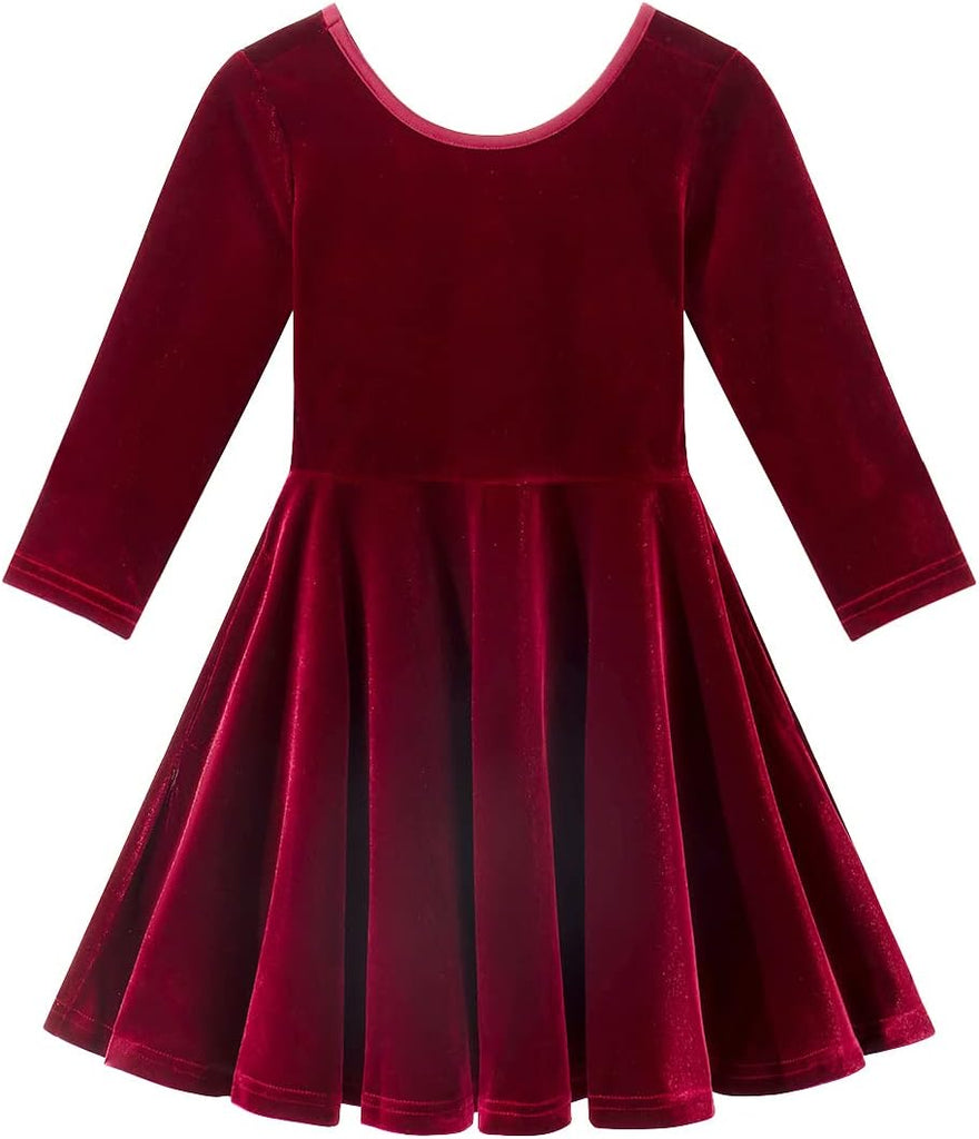 Girls 3/4 Sleeve Velvet Twirly Dress Casual Skater Dresses with Pockets