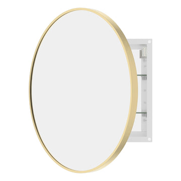 Bathroom Medicine Cabinet with Mirror, 24 Inch Gold Round Mirror Medicine Mabinet Wall Mounted with Aluminum Alloy