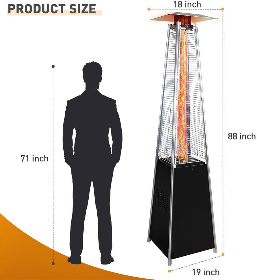 Patio Heater, 48,000 BTU Pyramid Propane Outdoor Heater with Glass Tube Flame, Wheels & Protective Cover, One-Touch