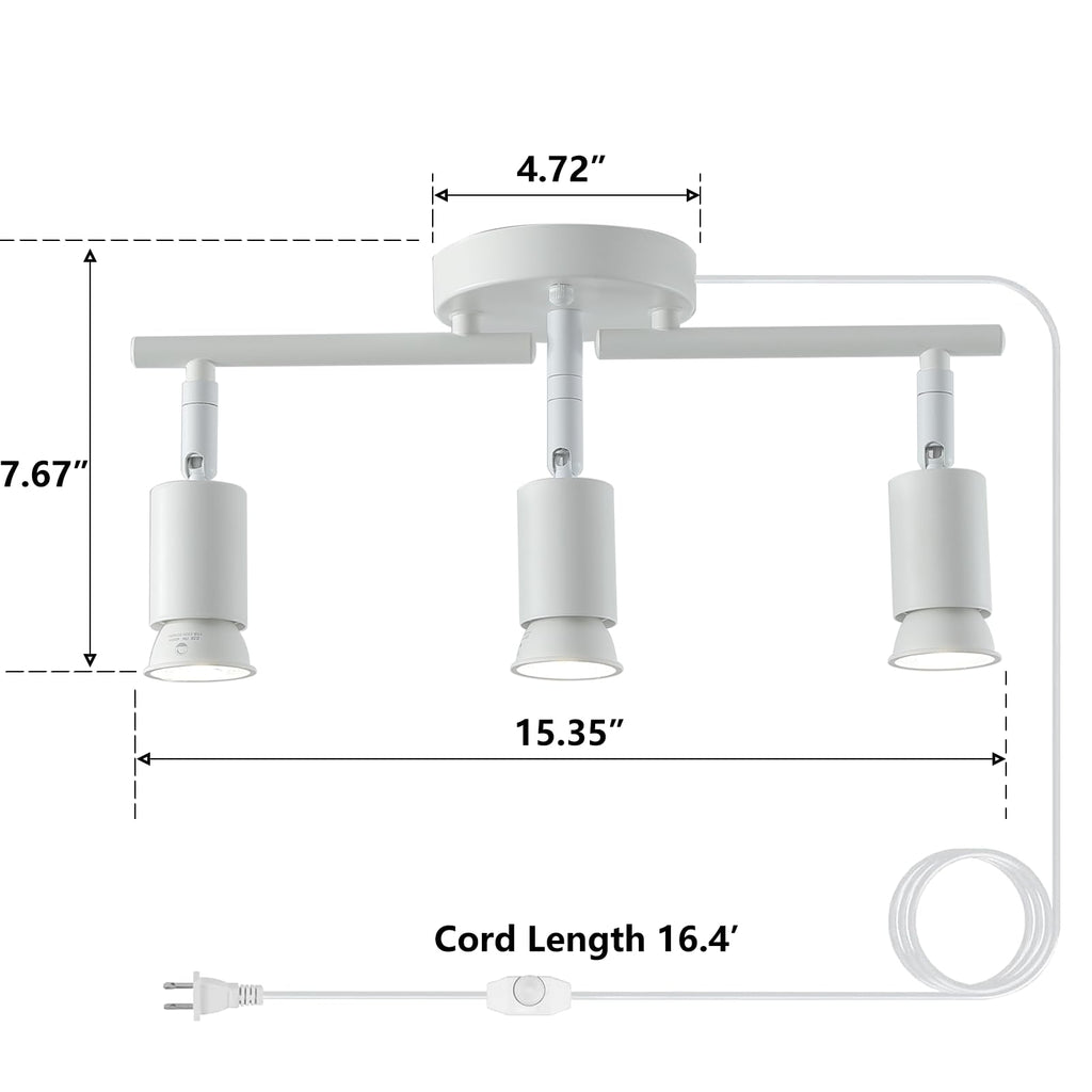 Dimmable Plug in Track Lighting,Plug in Ceiling Light Fixture,White 3 Light Track Light with 16.4' Long Cord,Dimming