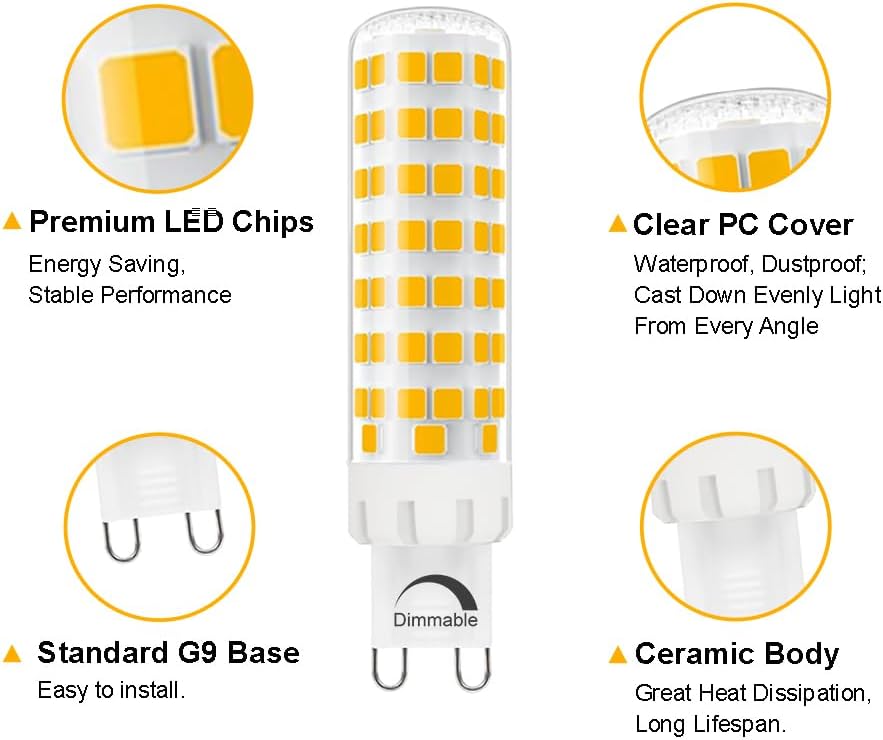 Dimmable G9 LED Bulb 8W, 75W G9 Halogen Bulb Equivalent, 780LM,120V, 3000K Warm White, 5-Pack