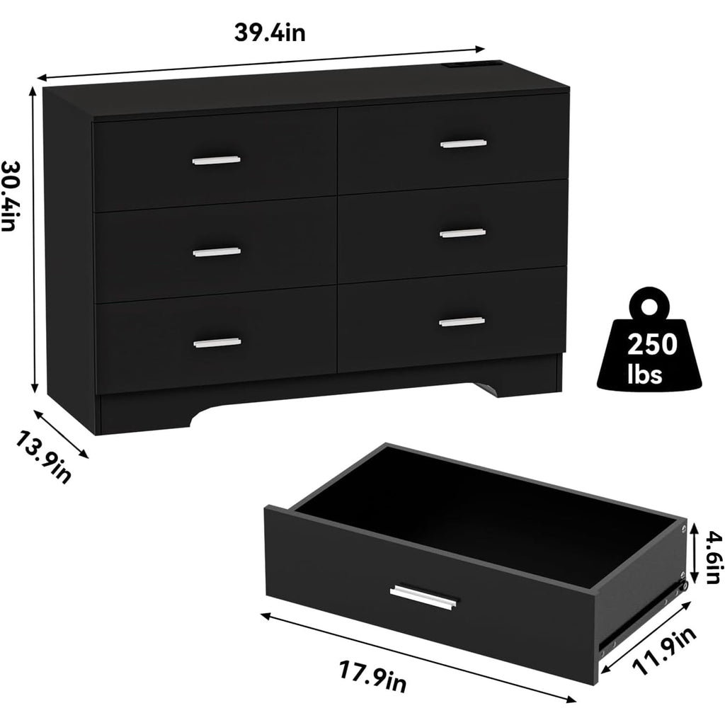 Dresser with Power Outlets Wooden 6 Drawer Dresser with USB and Type C Port Chest of Drawers Tall Black Organizer