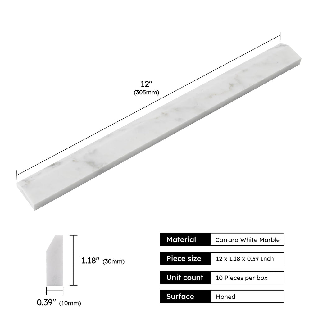 Carrara White Marble Pencil Tile Trim, 3/8×12 Inch Honed, 10 Pcs