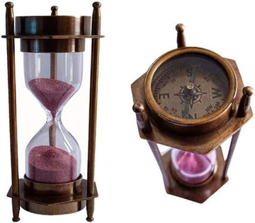 5" Decorative Brass Sand Timer Hourglass with Antique Maritime Brass Compass Rustic Vintage Home Decor Gifts