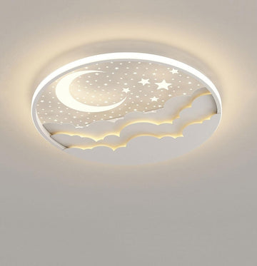 Modern Kids Room LED Ceiling Light Fixture, Dimmable 3 Color Changing Moon Star Clouds Design, Flush Mount Round Pink