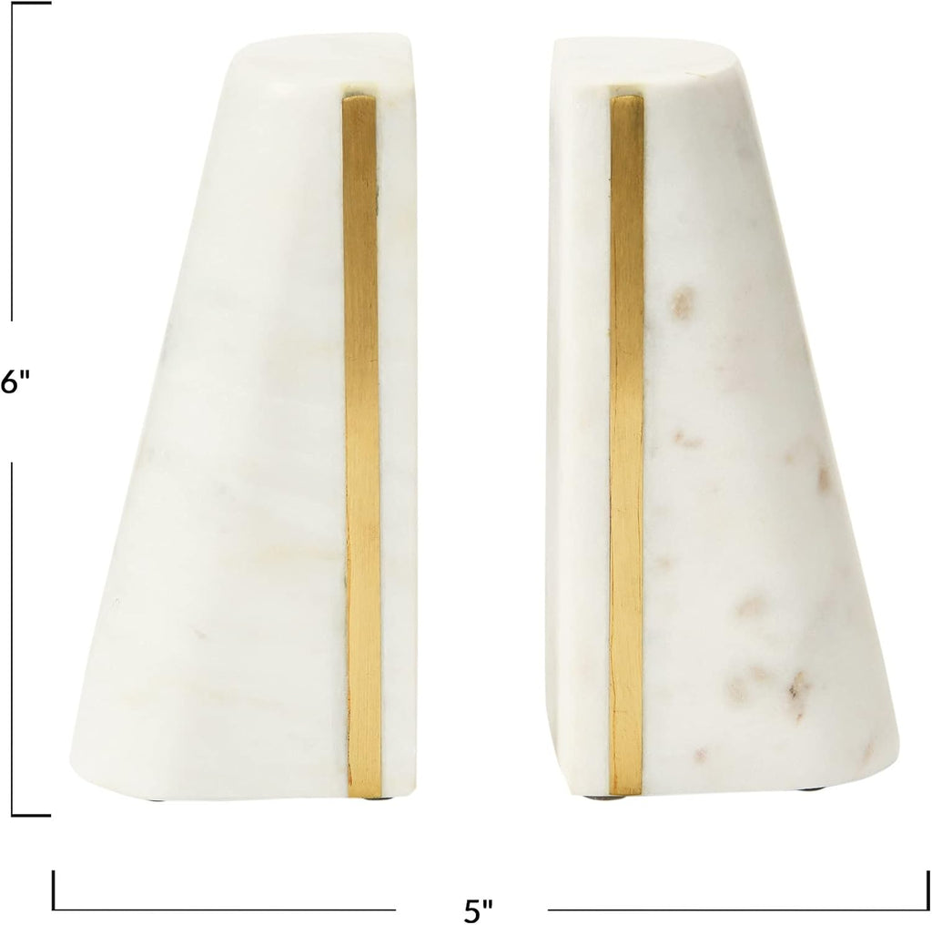 Geometric Marble Bookends with Brass Inlay, White