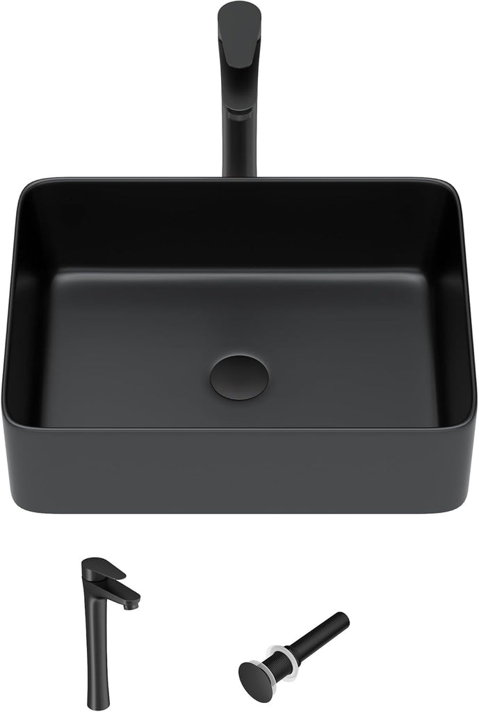19"x15" Bathroom Vessel Sink Rectangular - Matte Black Porcelain Ceramic Rectangle Above Counter Vanity Lavatory Bath Sink Art Basin with Faucet & Pop-Up Drain