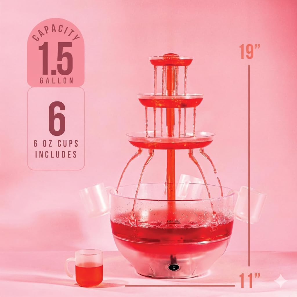 Drink Fountain for Parties - 1.5 Gal, 3 Tier Punch Bowl Drink Tower, LED Base, 6 Reusable Cups - Drink Dispenser - Set of 6
