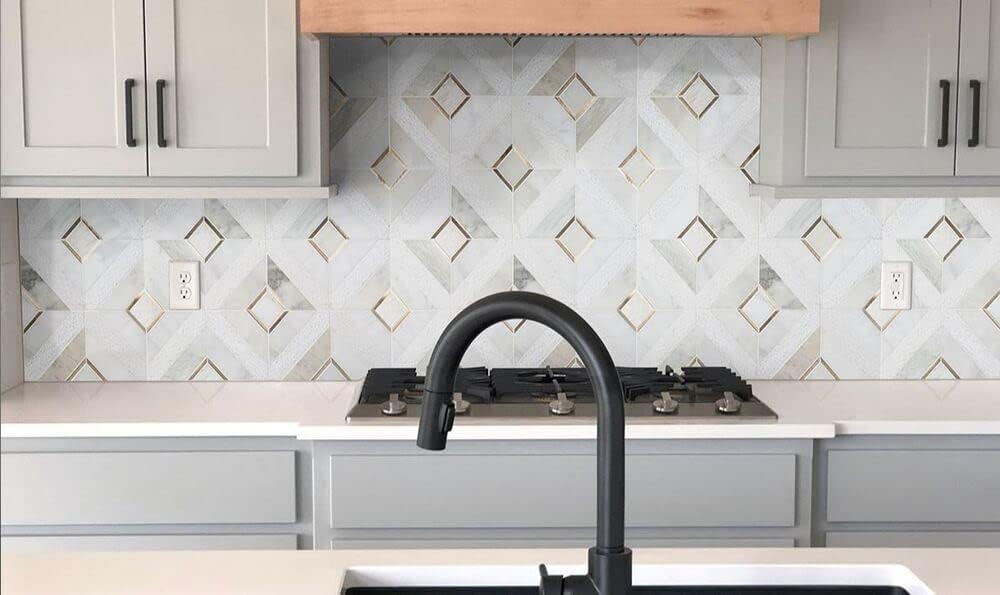 Veneto White with Yellow Gold Marble Stone Multi Surface and Metal Wall Mosaic Tile Walls, Kitchen Backsplashes