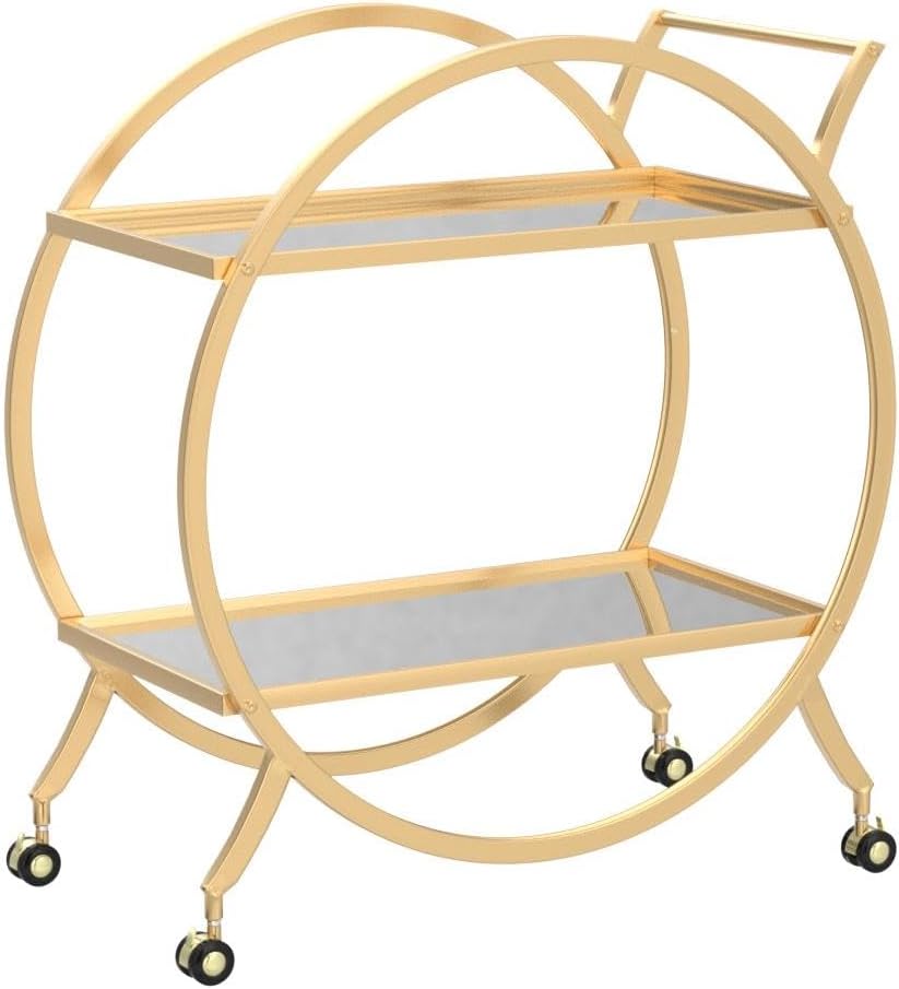 Bar Cart with 2 Mirrored Shelves, Modern Metal Bar Serving Cart, Gold Round Bar Carts for The