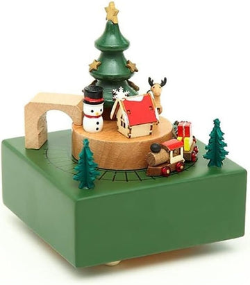 Wooden Christmas Carousel Music Box - Retro Square Design, Clockwork Swivel, "Merry Christmas" Tune, 15x11x11cm