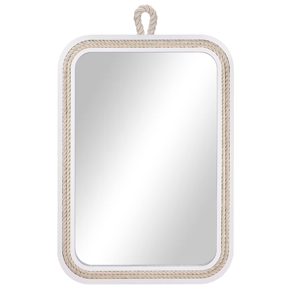 Nautical Rope Mirror Rectangle Wooden 22''Lx16''W White Decorative Mirror Farmhouse Hanging -Beachy Coastal Wall