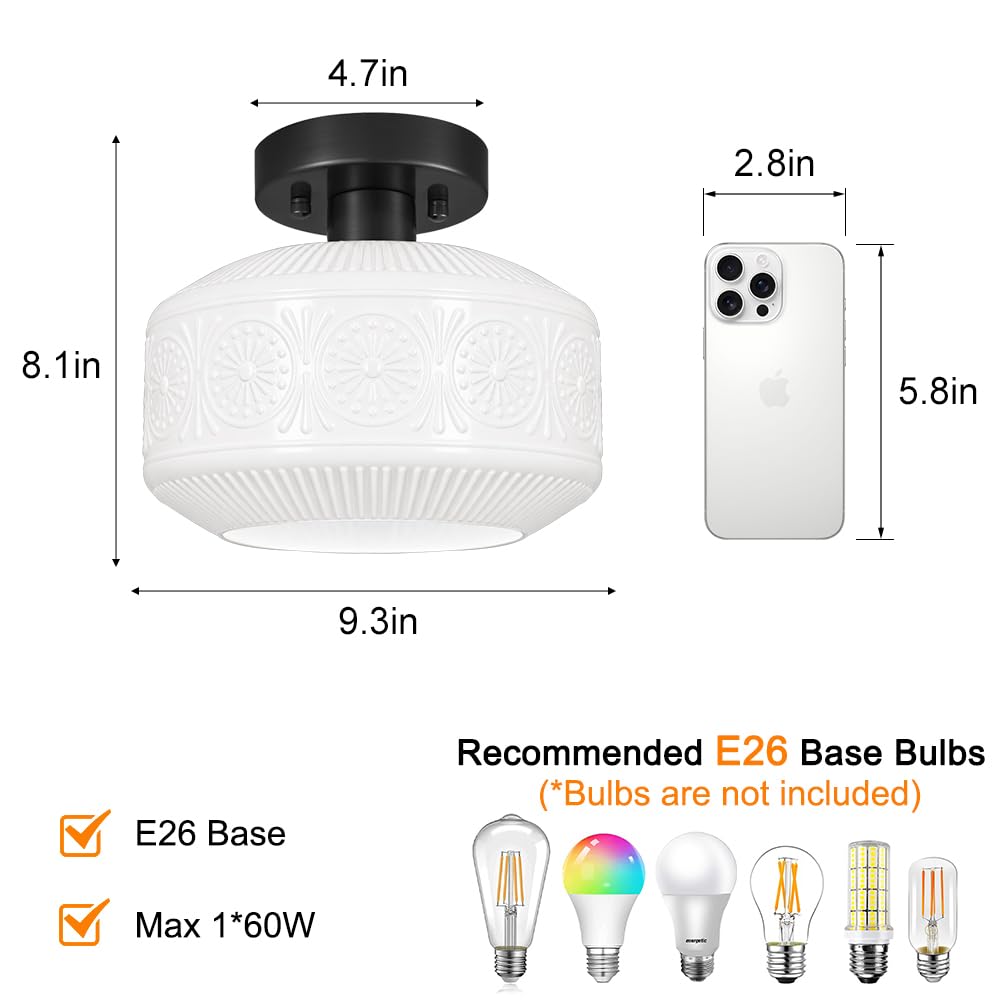 Black Semi Flush Mount Ceiling Light, Vintage Small Ceiling Light Fixture, Thickened White Glass Hallway Lighting