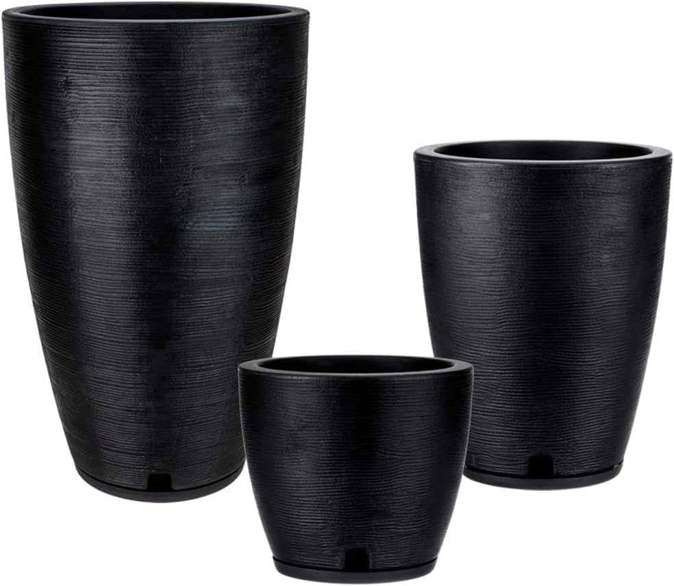 Set of 3 Black Planters for Indoor Outdoor Plants, 11/17/25 Inch Plant Pots with Drainage Hole and Saucer and Front