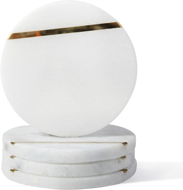 Marble Coaster, Round Coasters, 4" Stone Coaster for Drinks Coffee, White Marble with Gold Brass Coasters - Set of 4