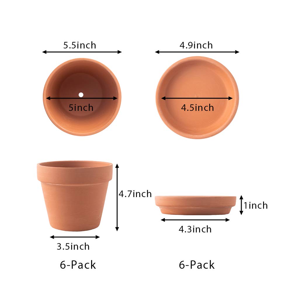 Terra Cotta Pots with Saucer- 6-Pack Large Clay Pots 5.5'' Ceramic Pottery Planter Cactus Flower Succulent Pot with