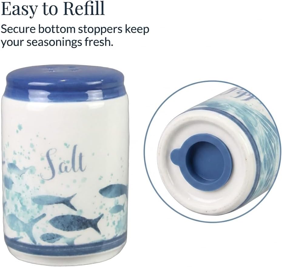 Beachy Blue Fish & Ocean Waves Ceramic Salt & Pepper Shakers - Set of 2