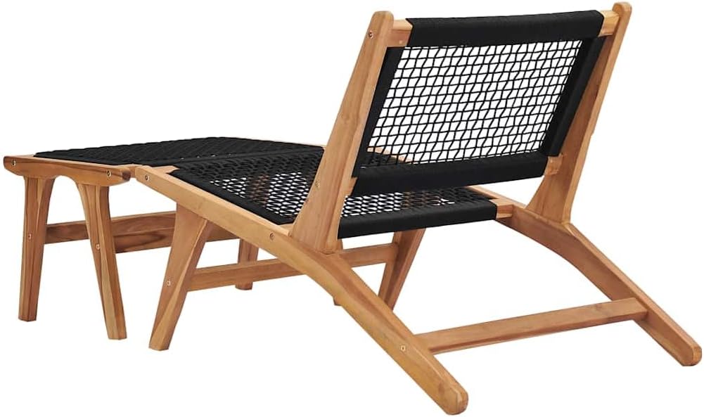 Sun Lounger with Footrest, Outdoor Lounge Chair, Solid Teak Wood and Polyester Rope, Brown, 35.2" x 22.4" x 25.6"