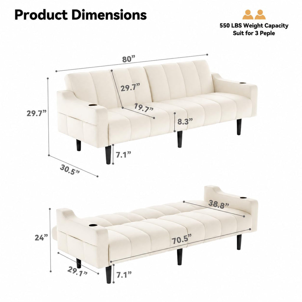 80'' Leather Couch, Futon Sofa Bed, Faux Leather Couch with Adjustable Backrest, 2 Cup Holders & Side Pockets, Mid