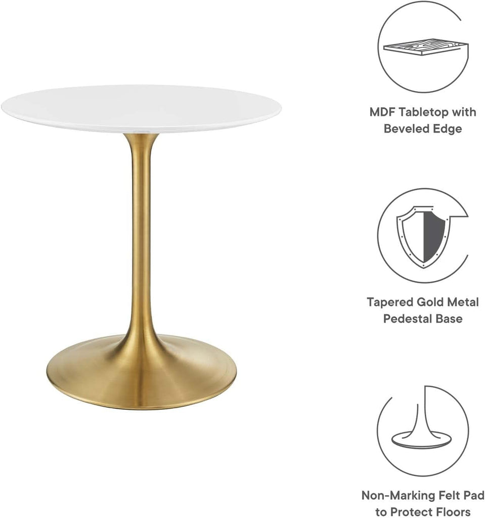 Inspired Saarinen Style Tulip Round Pedestal Dining Table — Gold Base / White Top, 28″ Round