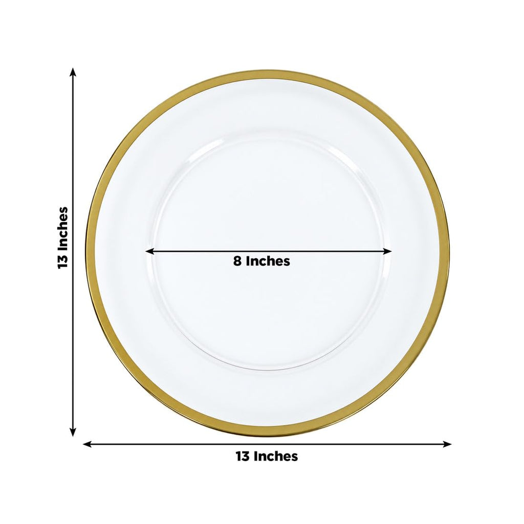 8 Pack Glass Charger Plates 13" Round Clear with Metallic Gold Rim, Decorative Dinner Party Serving Plates