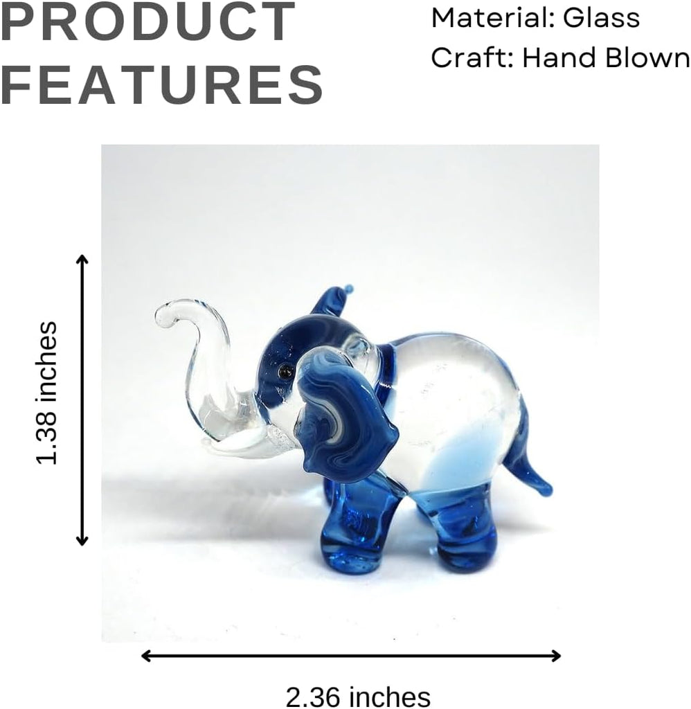 Lucky Elephant Figurines Blue Hand Blown Art Glass Collectible Animal Ornament Gift Decor, 1.5 x 2.5 x 1.8 inches