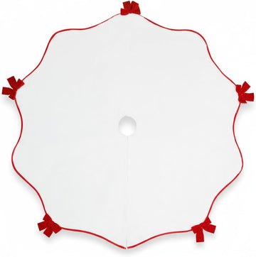 White Christmas Tree Skirt 48 inch with Red Velvet Bows Wavy Edge Faux Fur Plush Mat for 5-7FT Large Xmas Decoration