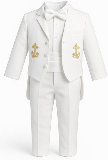IGilrDress Baby/Toddler/Boys White Baptism Christening Mandarin Collar Tail 5 pcs Tuxedo with Cross Embroidery