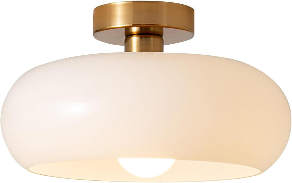 Mid Century Modern Ceiling Light - MCM Milk Glass Flush Mount with 11" White Dome Shade - Gold Brass Ceiling Lamp