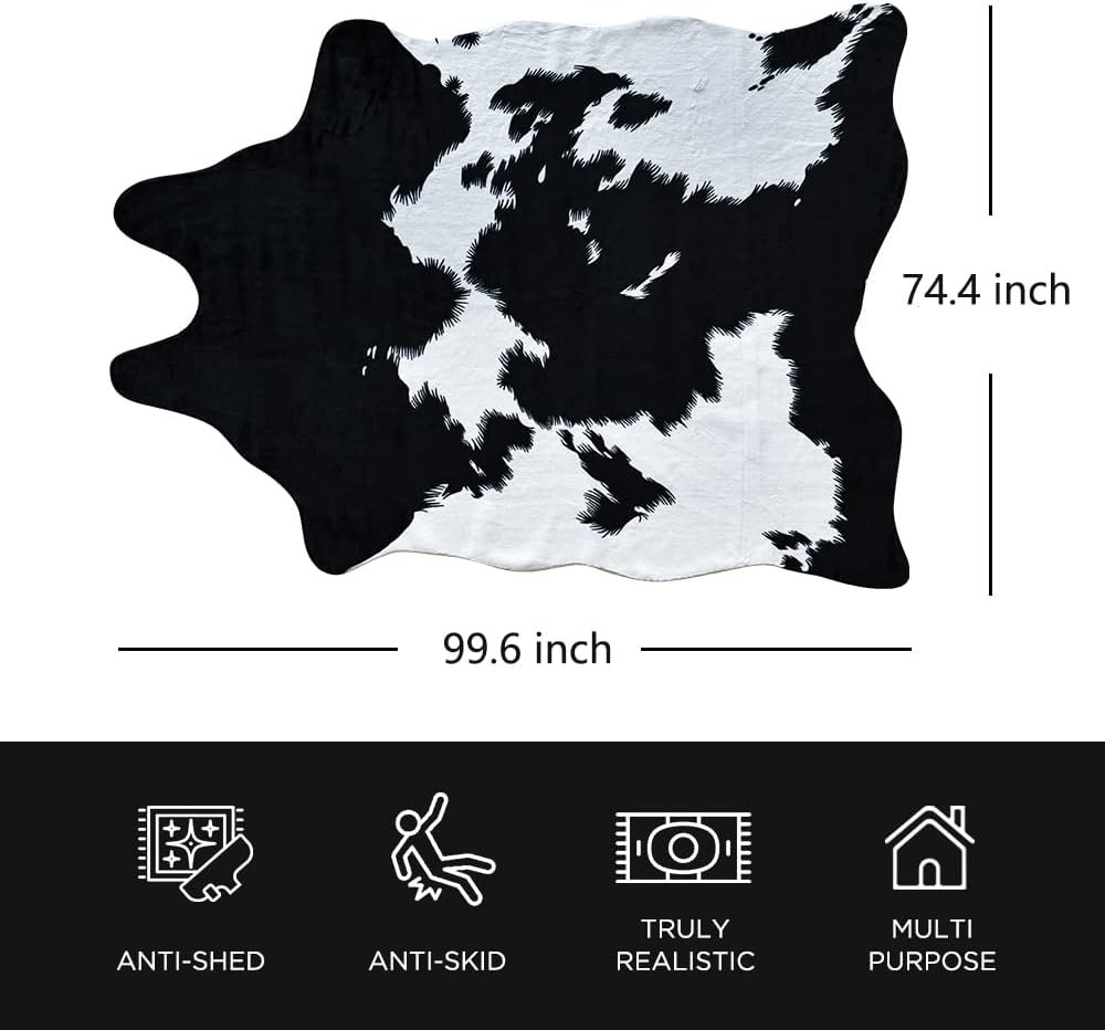Black Faux Cowhide 8.3 ft x 6.2 ft Cow Print Faux Animal Skin Faux Fur Rug