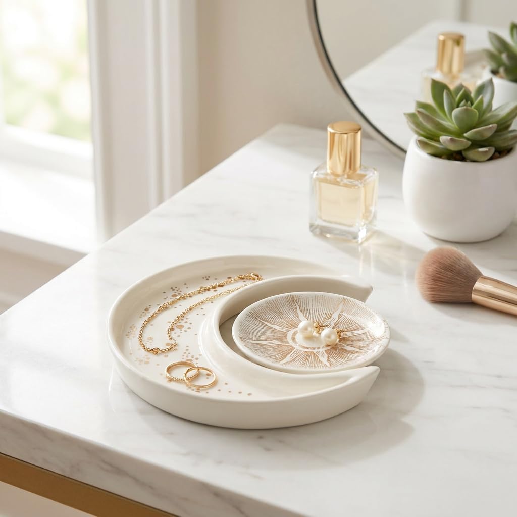 Ceramic Jewelry Dish Tray 2-Pack,Earrings Ring Holder,Small Trinket Plate - Set of 2