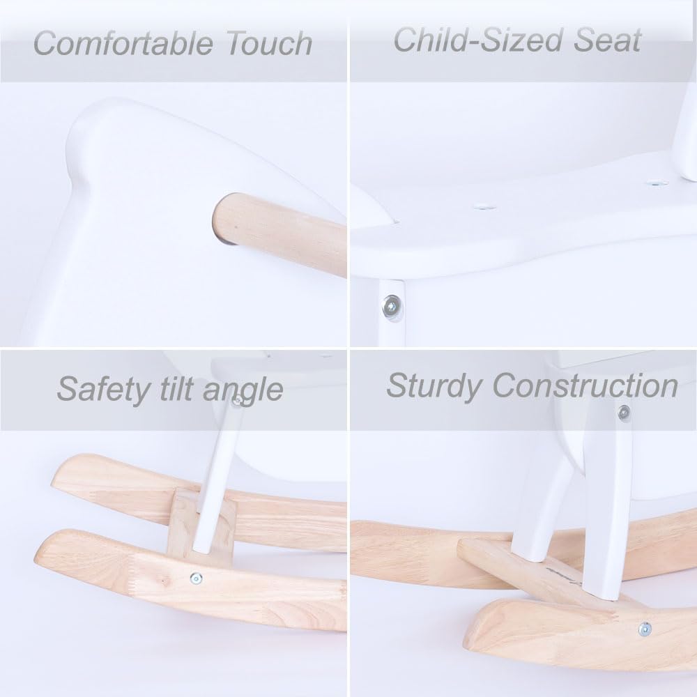 White Wooden Rocking Horse Funny for Toddlers (Ages 2-4) - Solid Rubber Wood, Smooth Surface for Creative Decoration