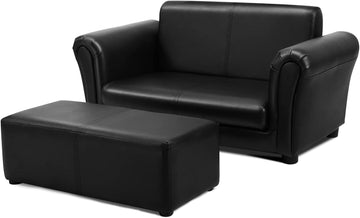 2 Seat Children Sofa with Footstool, Sturdy Wood Construction, Armrest Couch for Preschool Kids, Kid Couch Lounge Bed