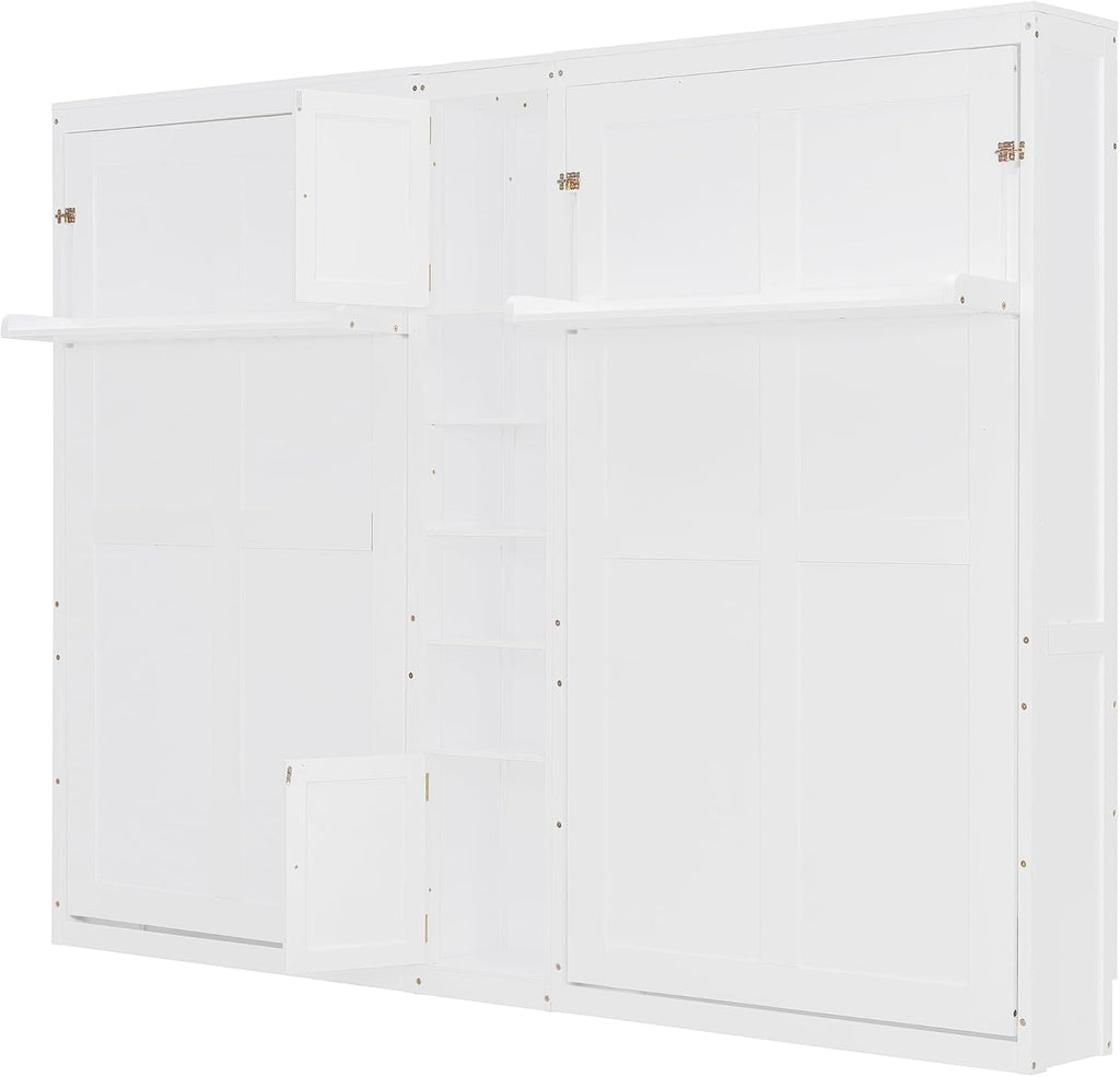 Dual Twin Murphy Bed, Wooden Wall Bed with Cabinets and Shelves, White