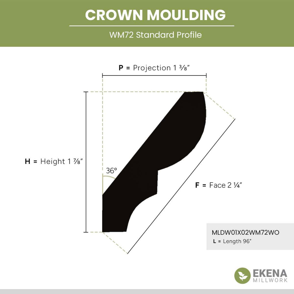 Crown Moulding, Solid Hardwood, 1 7/8"H x 1 5/16"P x 2 1/4"F x 96"L, Stain Grade White Oak