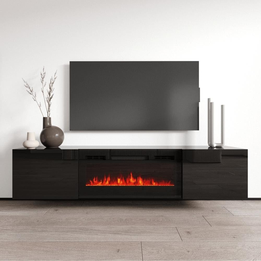 Cali BL-EF Electric Fireplace - Wall Mounted Media Console with Storage Cabinets - Modern High Gloss, 72