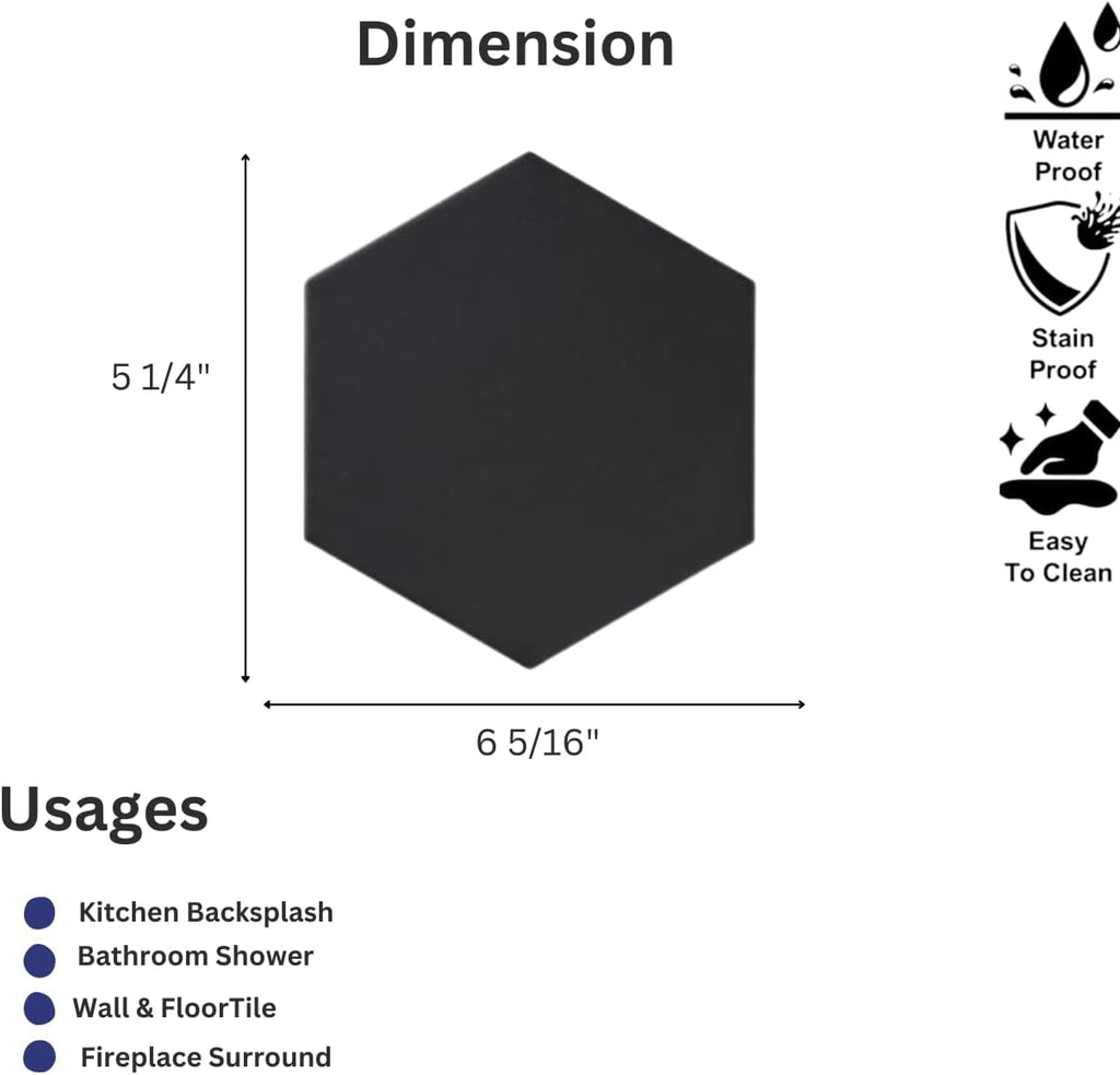 Fusion Matte Black Hexagon Porcelain Tile - 5x6 Glazed Finish Floor, Shower Wall, Kitchen Backsplash, Accent Decor