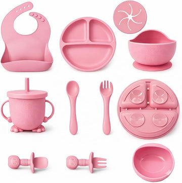 Feeding Set, Silicone Baby Feeding Set with Suction Bowls, Divided Plates, Adjustable Bib, Baby Utensils Spoons