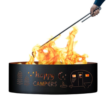Happy Camper Unpainted 12 in. Tall 30 in. Diameter Outdoor Fire Ring with Fire Poker - 30 x 30 x 12 in.