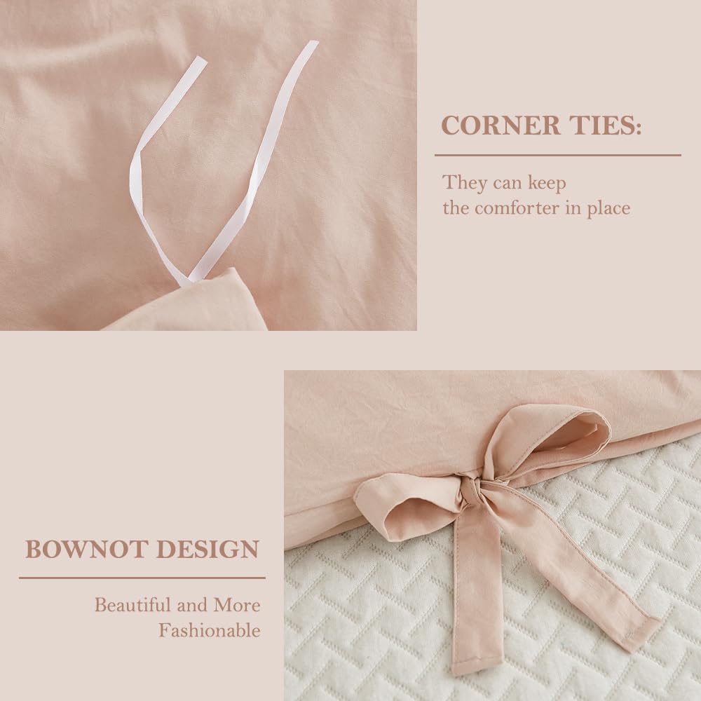Pink Duvet Cover Queen (90x90 Inch), 3 Pieces (1 Duvet Cover, 2 Pillowcases) Soft Washed Microfiber Bowknot Bow Tie