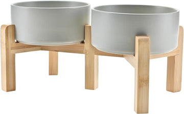 Elevated Dog Bowls Ceramic, 6.1'' Dogs and Cat Food Water Bowls Raised with Non-Slip Bamboo Stand for Medium Sized