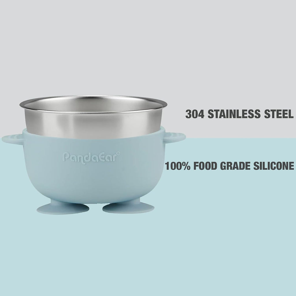 In-1 Stainless Steel Baby Feeding Set | Divided Suction Plate, Bowl, Sippy Cup with Straw, Bib, Spoon & Fork